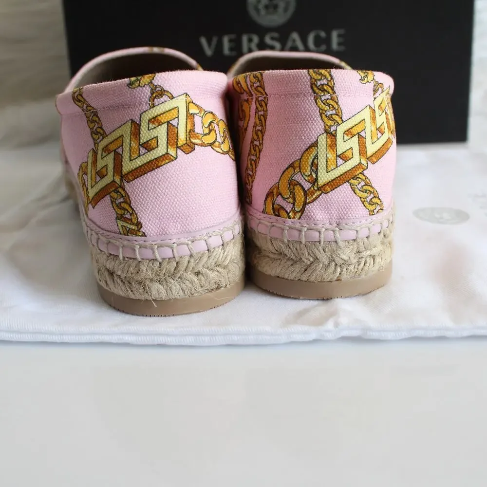 New Versace Pink & Gold Chain Graphic-Print Canvas Slip-On Espadrilles